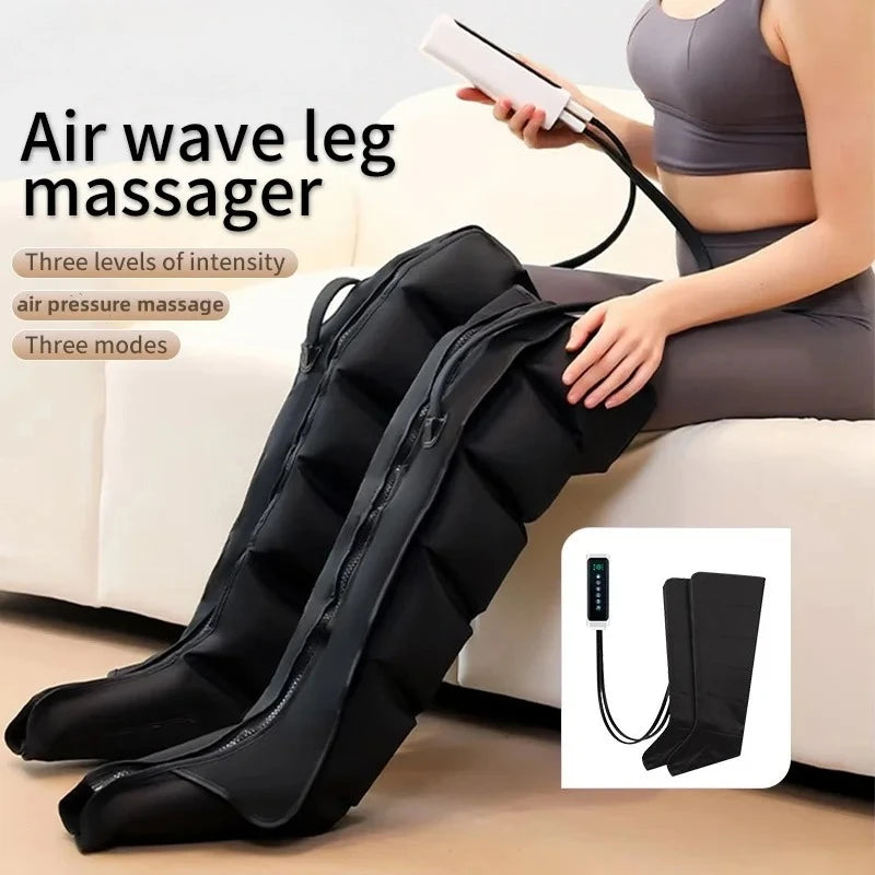 Air wave leg massager with user demonstration and product details on a white background