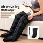 Air wave leg massager with user demonstration and product details on a white background