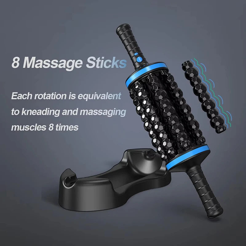 Cordless 360 rolling percussive massage roller with 8 textured massage sticks sitting on multi-use base