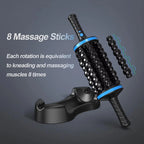 Cordless 360 rolling percussive massage roller with 8 textured massage sticks sitting on multi-use base